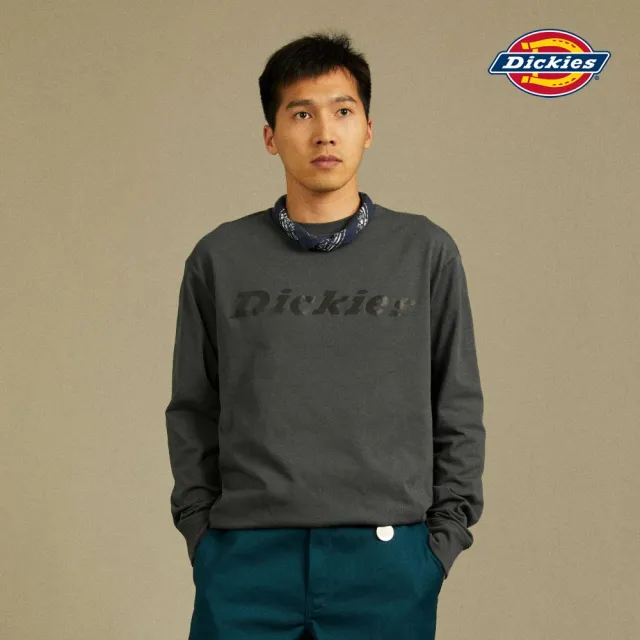 【Dickies】男款深灰色純棉重磅胸前反光Logo印花長袖T恤｜DK012564CF8