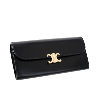 【CELINE】新款TRIOMPHE金屬LOGO旋轉門釦光滑羊皮大型對折長夾(黑色)