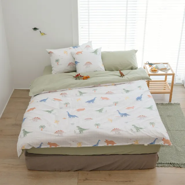 【翔仔居家】100%精梳純 棉鋪棉兩用被套床包4件組-Dinosaur(特大)