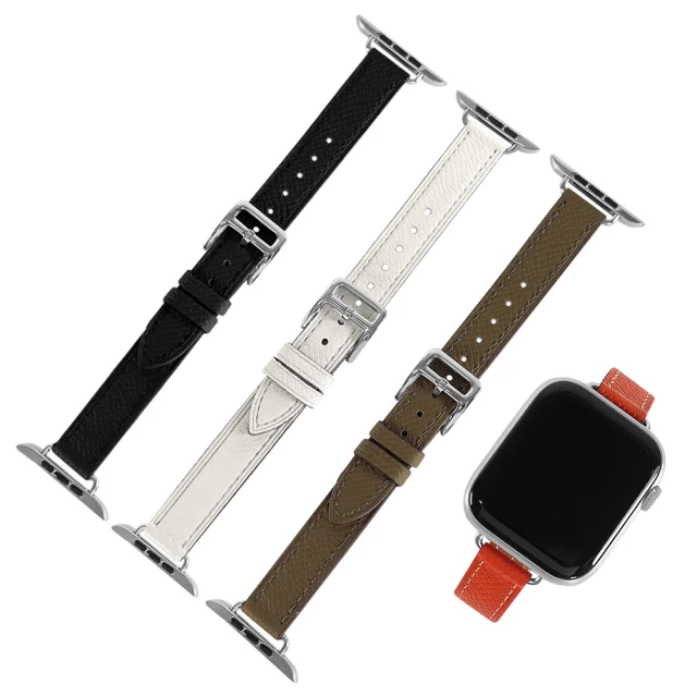 Watchband Apple Watch 全系列通用錶帶 蘋果手錶替用錶帶 荔枝皮紋 同寬真皮錶帶(灰綠色/橘色)