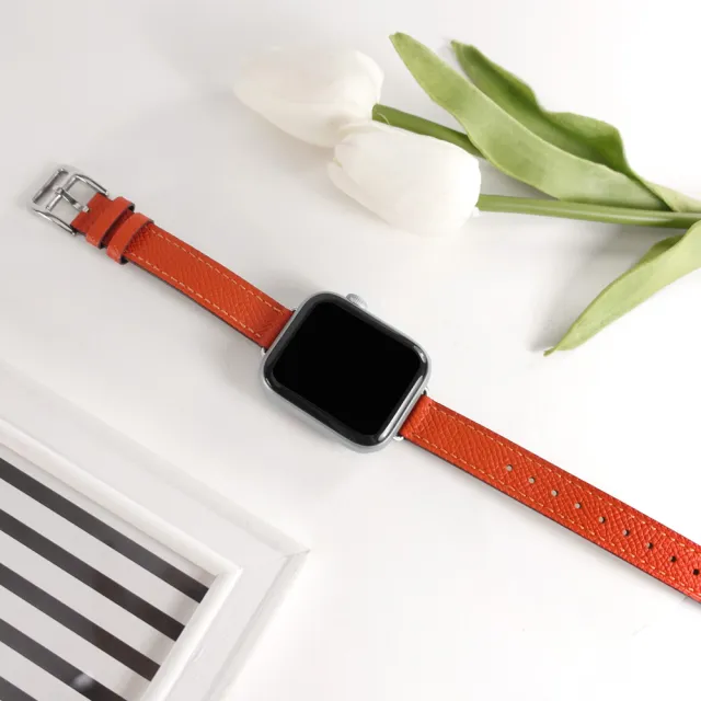 【Watchband】Apple Watch 全系列通用錶帶 蘋果手錶替用錶帶 荔枝皮紋 同寬 真皮錶帶(橘色)