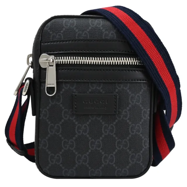 【GUCCI 古馳】經典雙G LOGO印花雙色織帶方包記者包斜背包(黑)