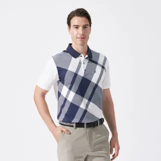 【pierre cardin 皮爾卡登】商務休閒 男款 吸濕排汗胸前斜格短袖polo衫-深藍色(5247207-38)