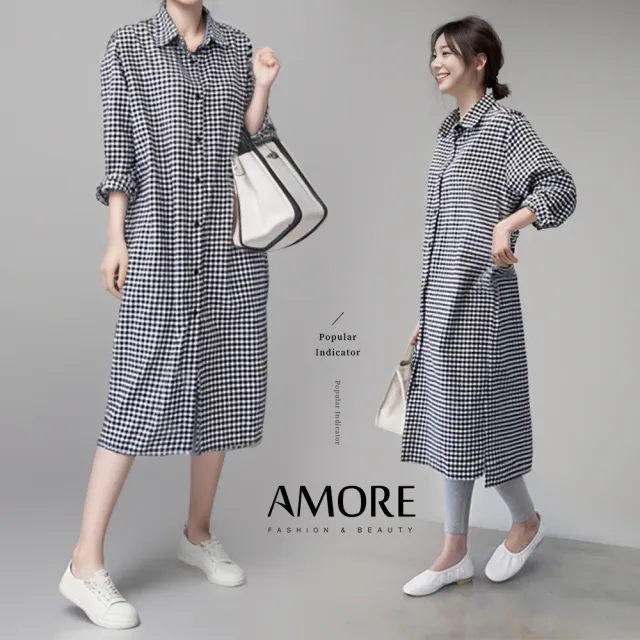 【Amore】韓系經典直格紋棉麻長袖長版襯衫(長版單穿或當外套都好看)