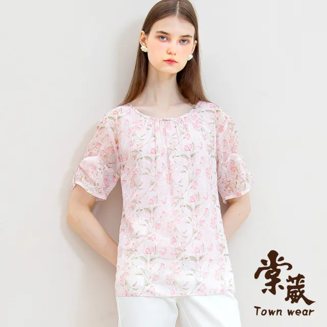 【TOWN’WEAR 棠葳】氣質花卉抓皺設計上衣(女上衣/女上著/鑽飾/短袖/透膚)