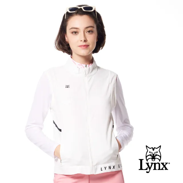 【Lynx Golf】女款吸溼排汗機能織帶剪接設計後背山貓沖孔配布造型無袖背心(二色)