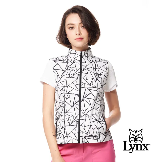 【Lynx Golf】女款滿版不規則三角形印花腰圍可調山貓膠標拉鍊口袋無袖背心(二色)