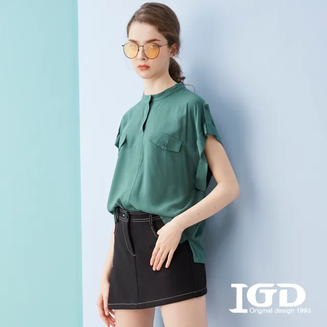 【IGD 英格麗】網路獨賣款-時尚立領反折袖上衣(綠色)