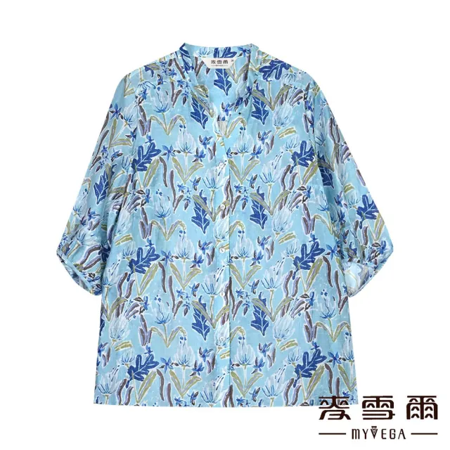 【MYVEGA 麥雪爾】亞麻棉水彩花卉排釦七分袖上衣-藍(2024春夏新品)