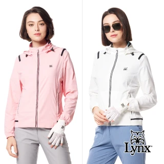 【Lynx Golf】女款吸溼排汗機能羅紋配條造型山貓膠標拉鍊口袋可拆式連帽長袖外套(二色)