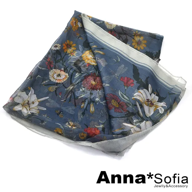 【AnnaSofia】仿蠶絲大尺寸披肩雪紡絲巾圍巾-百合簇花 現貨(深藍系)