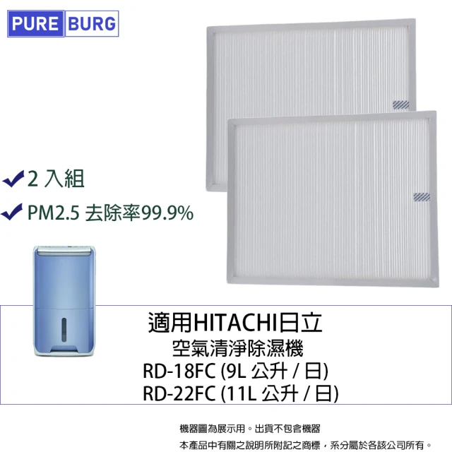 PUREBURG 2入組-適用Hitachi日立RD-18FC RD-22FC空氣清淨除濕機替換用HEPA濾網濾芯