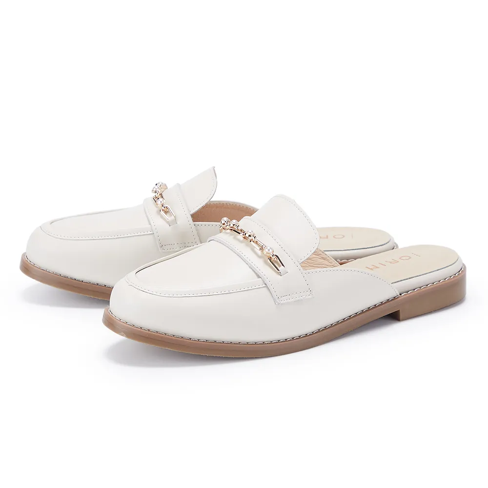 【ORIN】金屬珍珠鍊牛皮平底穆勒鞋(白色)
