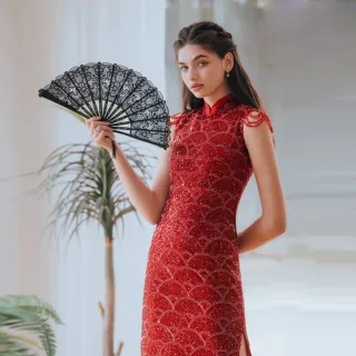 【OMUSES】手工蕾絲珠飾亮片紅色旗袍禮服洋裝17-7175(S-3L)