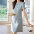 【初色】法式小香風純色圓領短袖中長裙連身洋裝連身裙洋裝-藍色-33522(M-2XL可選)