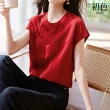 【初色】中式純色圓領盤扣T恤短袖上衣女上衣-深紅色-33452(M-2XL可選)