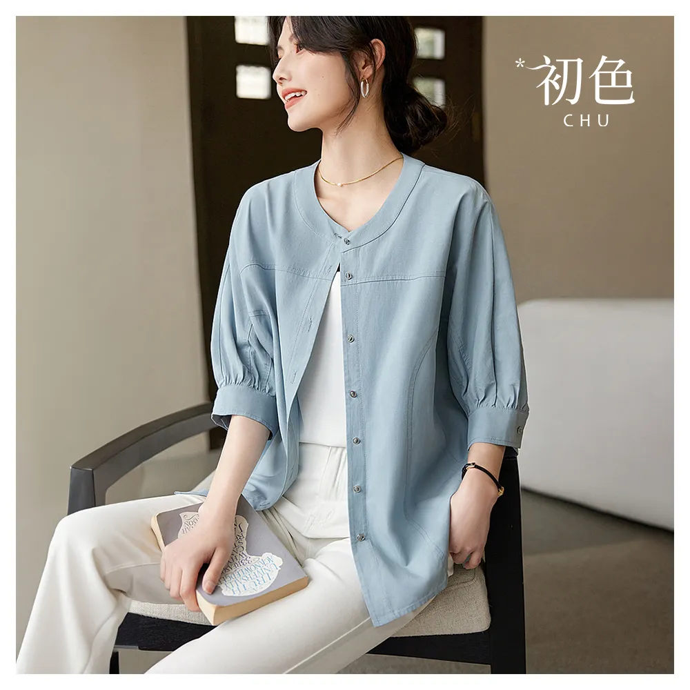【初色】純色寬鬆輕薄立領排釦五分袖短袖外套襯衫上衣女上衣-藍色-33463(M-2XL可選)