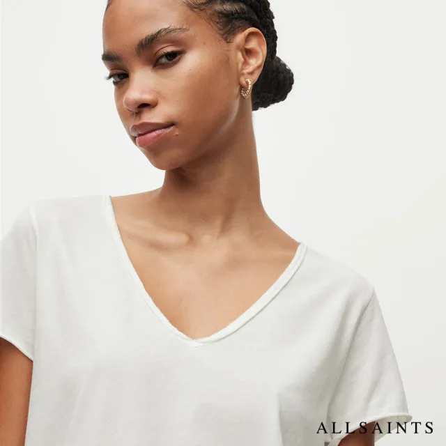 【ALLSAINTS】EMELYN 日常舒適素色V領純棉短袖T恤-白 WM115P(常規版型)