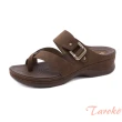【Taroko】金屬皮扣磨砂皮革坡跟拖鞋(3色可選)