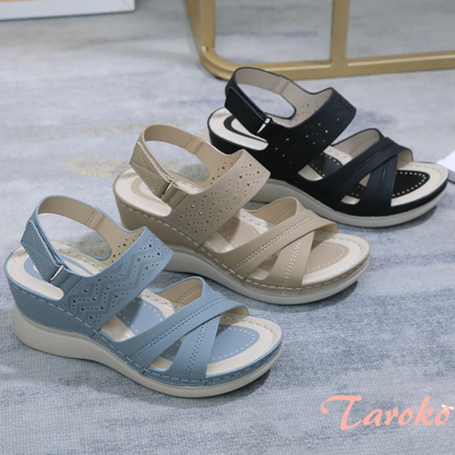 Taroko 拼色皮革夏日時尚坡跟涼鞋(3色可選)評價推薦