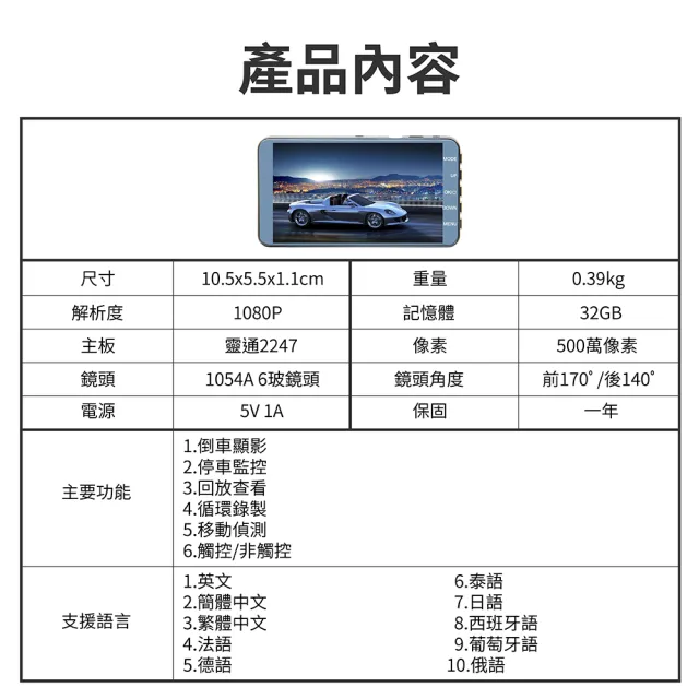 【Jinpei 錦沛】4吋高畫質汽車行車記錄器、前後雙錄、1080P 附贈32GB(行車紀錄器)