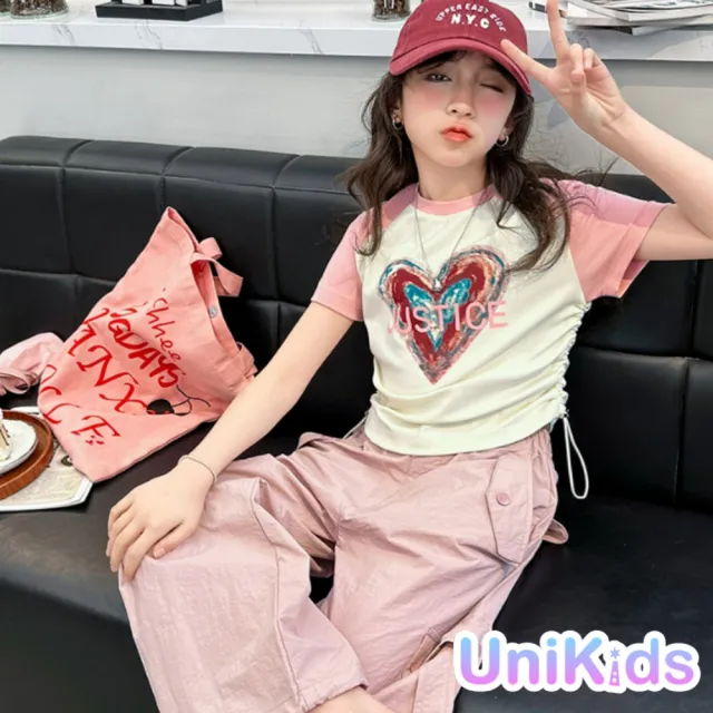 【UniKids】中大童裝愛心短袖T恤撞色抽繩收腰 女大童裝 CV愛心T恤(工裝褲)