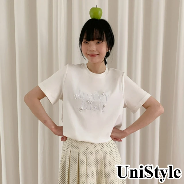 【UniStyle】短袖T恤 韓系立體花朵刺繡上衣 女 EAX2351F(珍珠白)