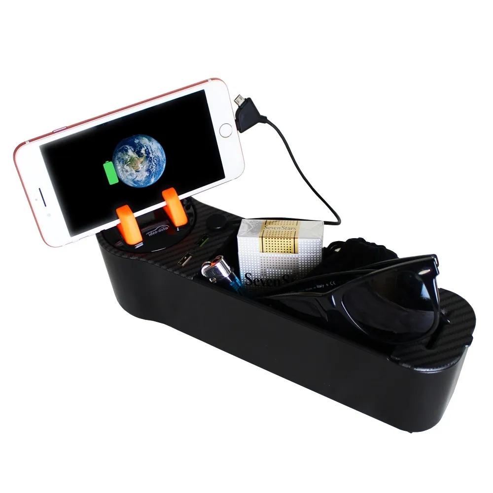 【idea auto】5.2A多功能車充椅縫收納盒+(炫彩360度旋轉手機架顏色隨機出貨)