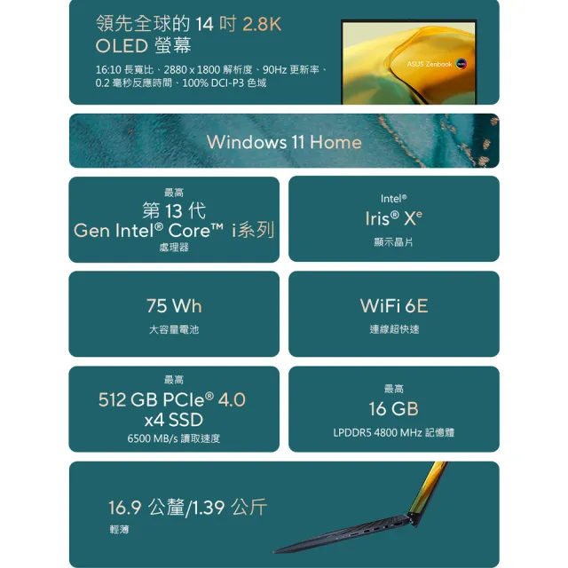 【ASUS 華碩】14吋i7輕薄筆電(ZenBook UX3402VA/i7-1360P/16G/512G SSD/W11/EVO/2.8K OLED)