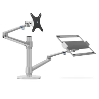 【Ermutek】升級版鋁合金電腦螢幕支架+筆電支架二合一桌上型支架工作站(銀色/夾鎖桌兩用固定)