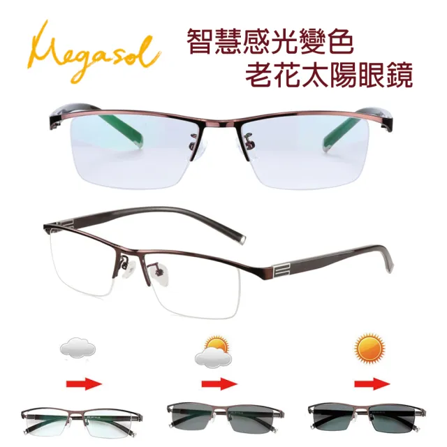 【MEGASOL】斯文青中性眉框老花眼鏡變色墨鏡太陽眼鏡(氣質書生半框-5BS-BR深棕色)
