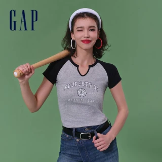 【GAP】女裝 Logo印花羅紋圓領短袖T恤 短版上衣-灰色(873956)