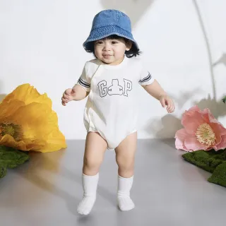 【GAP】嬰兒裝 Logo純棉小熊印花圓領短袖包屁衣-奶白色(890357)