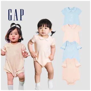 【GAP】嬰兒裝 Logo純棉小熊印花圓領短袖包屁衣-藍色(890357)