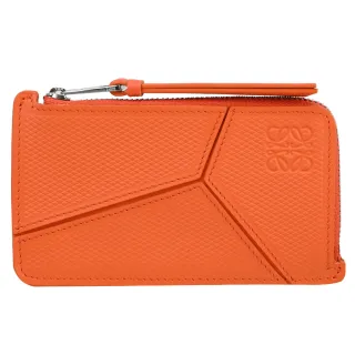 【LOEWE 羅威】經典品牌幾何造型牛皮拼接信用卡名片零錢包(橘)