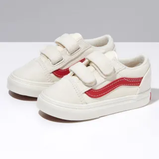 【VANS 官方旗艦】Old Skool V 小童款米白色/紅色條紋滑板鞋/休閒鞋