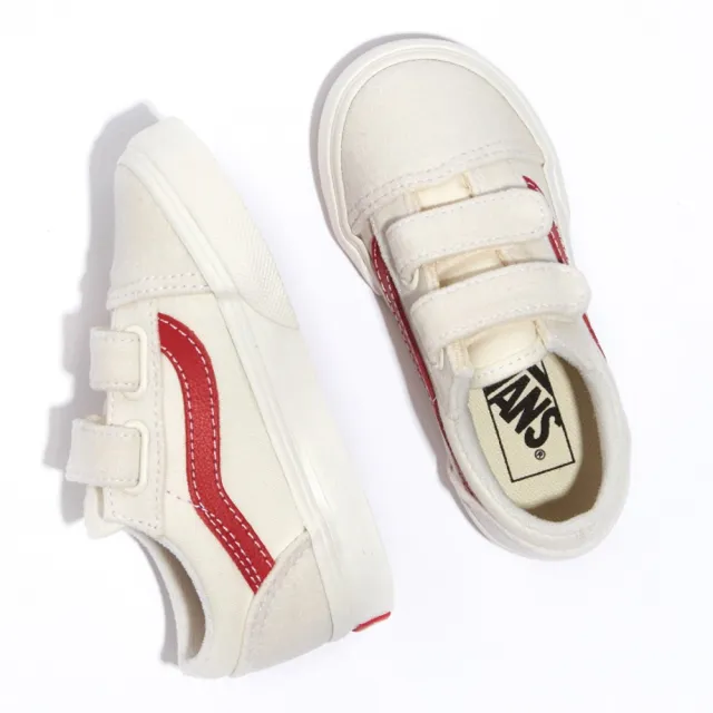 【VANS 官方旗艦】Old Skool V 小童款米白色/紅色條紋滑板鞋/休閒鞋
