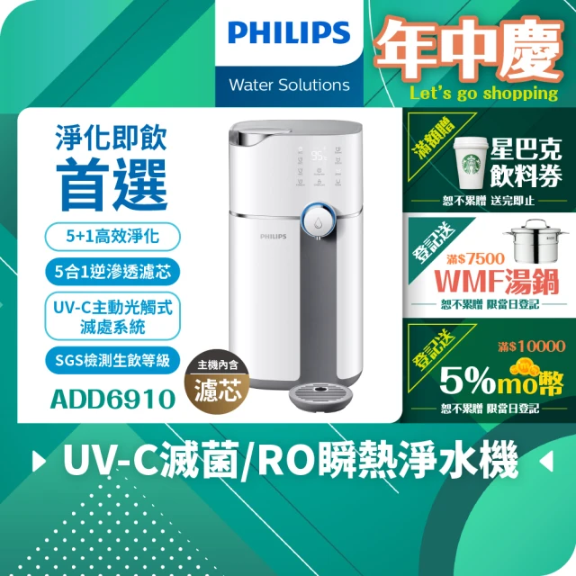 【Philips 飛利浦】新一代★智能雙效UV-C滅菌/RO過濾瞬熱淨水機(ADD6910 主機內含濾芯)