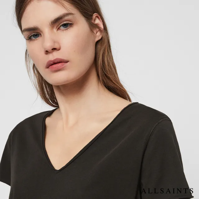 【ALLSAINTS】EMELYN 日常舒適素色V領純棉短袖T恤-黑 WM115P(常規版型)