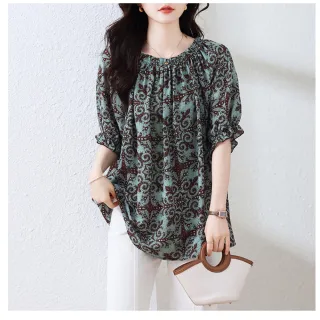【ALLK 歐楷】出清 長版印花雪紡衫上衣 圖片色(尺寸L-3XL/中大尺碼/涼爽/透氣)