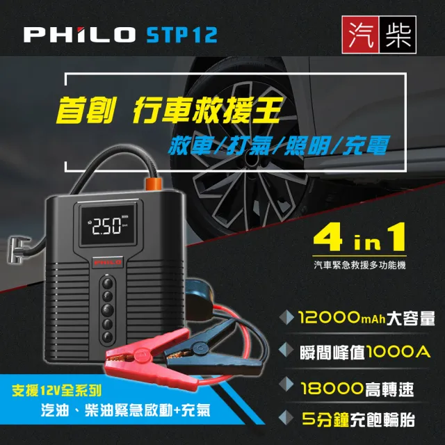 【Philo 飛樂】STP12多功能4 in 1汽柴油救車電源+打氣機多功能機(四合一/無線/附專屬收納包)