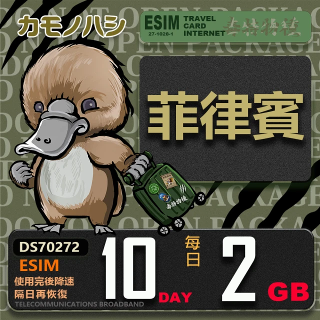 鴨嘴獸 旅遊網卡 Esim 菲律賓15日2GB 輕量型降速吃