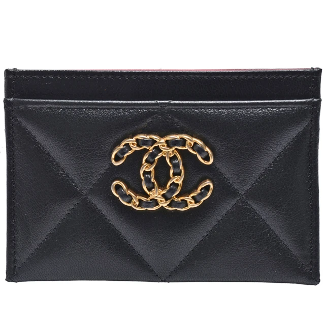 CHANEL 香奈兒 19系列經典金屬雙C LOGO菱格紋小羊皮信用卡夾(黑AP1167L-BLK-GPN)