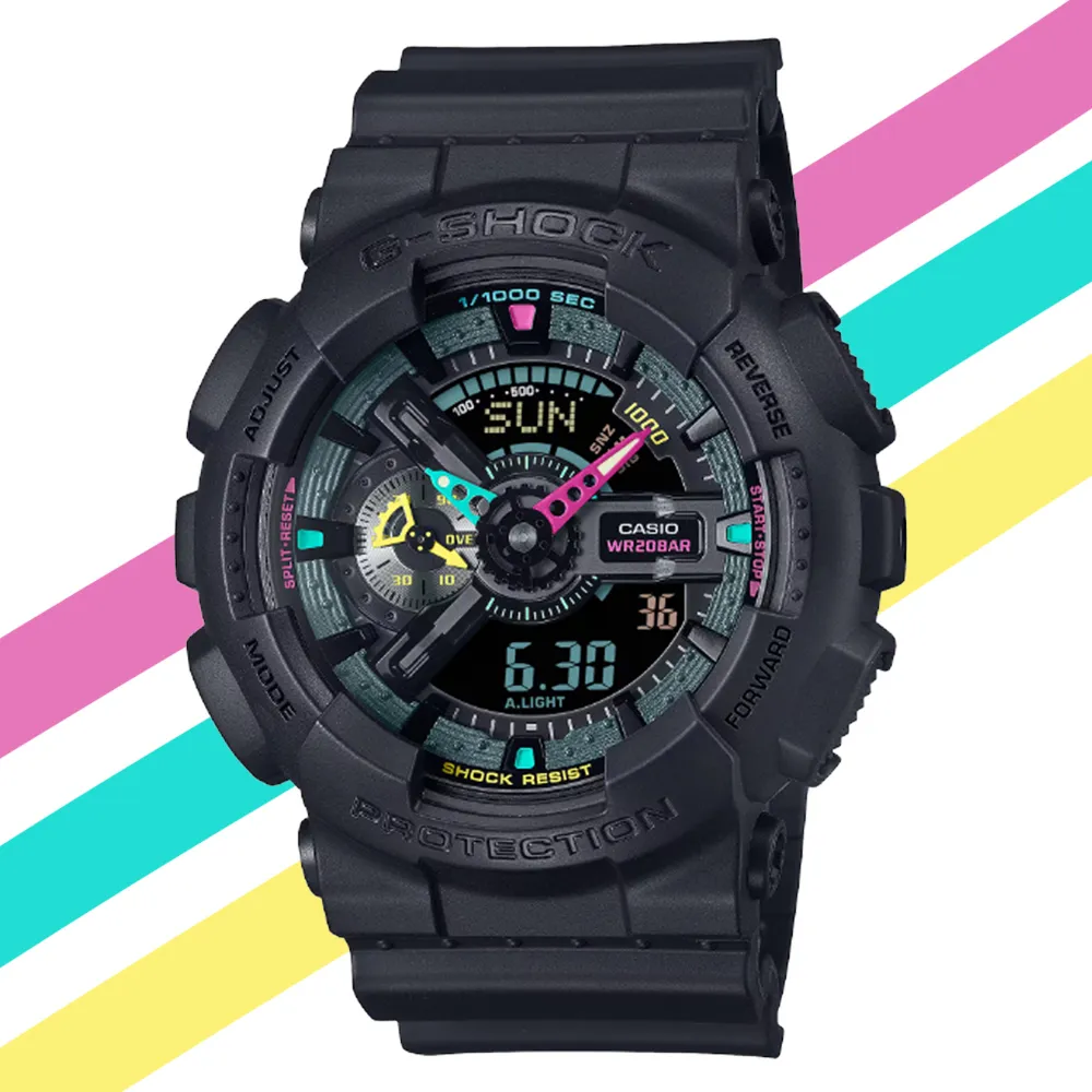 【CASIO 卡西歐】G-SHOCK 酷炫霧面黑 螢光色點綴 大錶殼雙顯錶(GA-110MF-1A 防水200米)