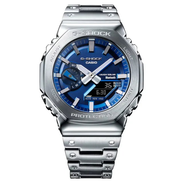 【CASIO 卡西歐】G-SHOCK 鮮豔藍 太陽能智慧藍芽 全金屬八角形雙顯錶(GM-B2100AD-2A 防水200米)