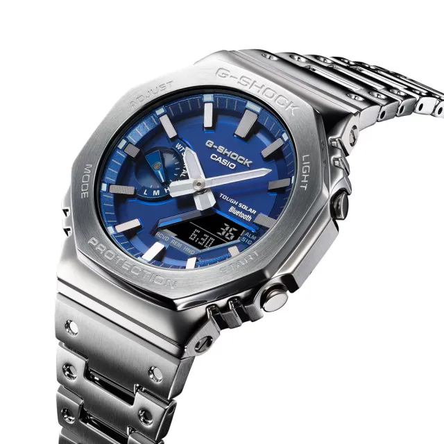 【CASIO 卡西歐】G-SHOCK 鮮豔藍 太陽能智慧藍芽 全金屬八角形雙顯錶(GM-B2100AD-2A 防水200米)