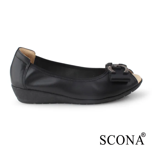【SCONA 蘇格南】全真皮 簡約優雅楔型魚口鞋(黑色 31214-1)