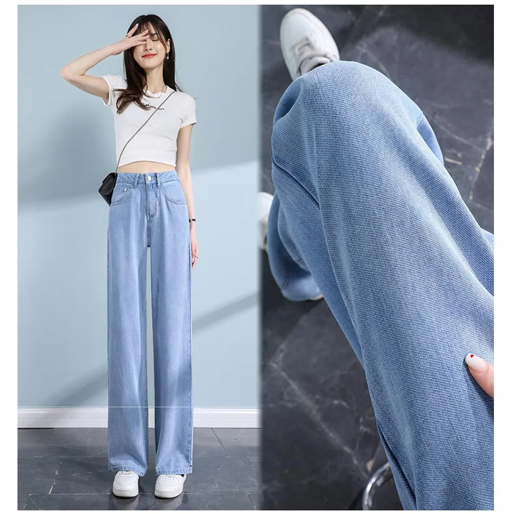【JILLI-KO】夏季薄款天絲牛仔高腰修飾直筒長褲-M/L/XL(藍)