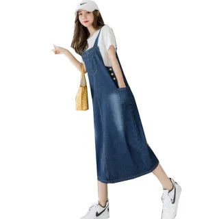 【CHACO】/現+預購/女 深藍色寬鬆簡約刷白吊帶牛仔長版連身裙#3665(吊帶 牛仔 連身裙 背心裙 女 春夏秋冬)