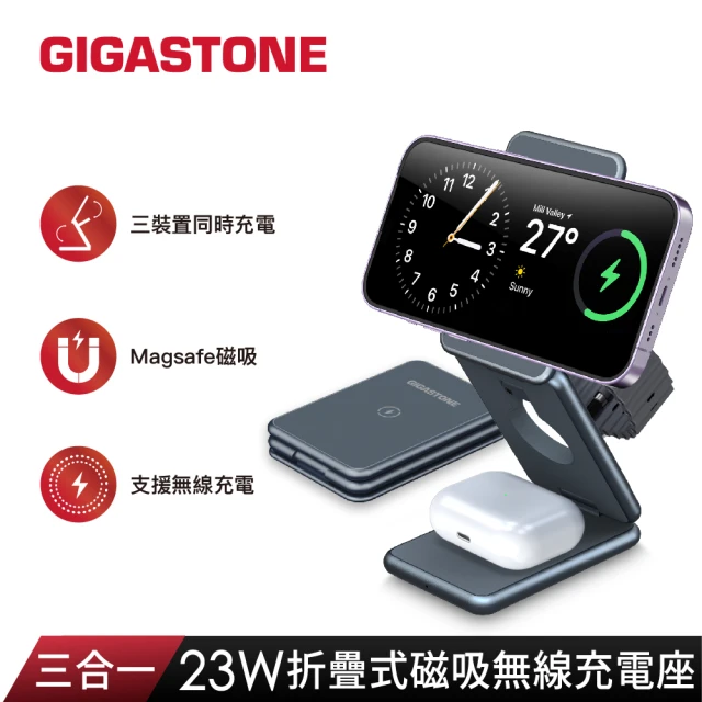 【GIGASTONE 立達】三合一23W折疊式磁吸無線充電座WP-9330G(適用iPhone15/蘋果耳機/手錶 MagSafe 充電盤)